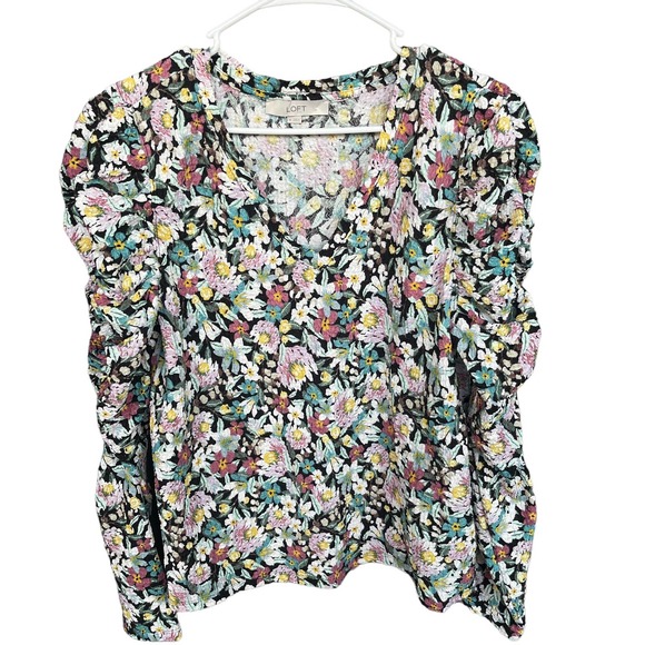 Loft Blouse Womens Extra Large XL Multicolor Floral Puff Rouched Shirred V-neck - Picture 1 of 9